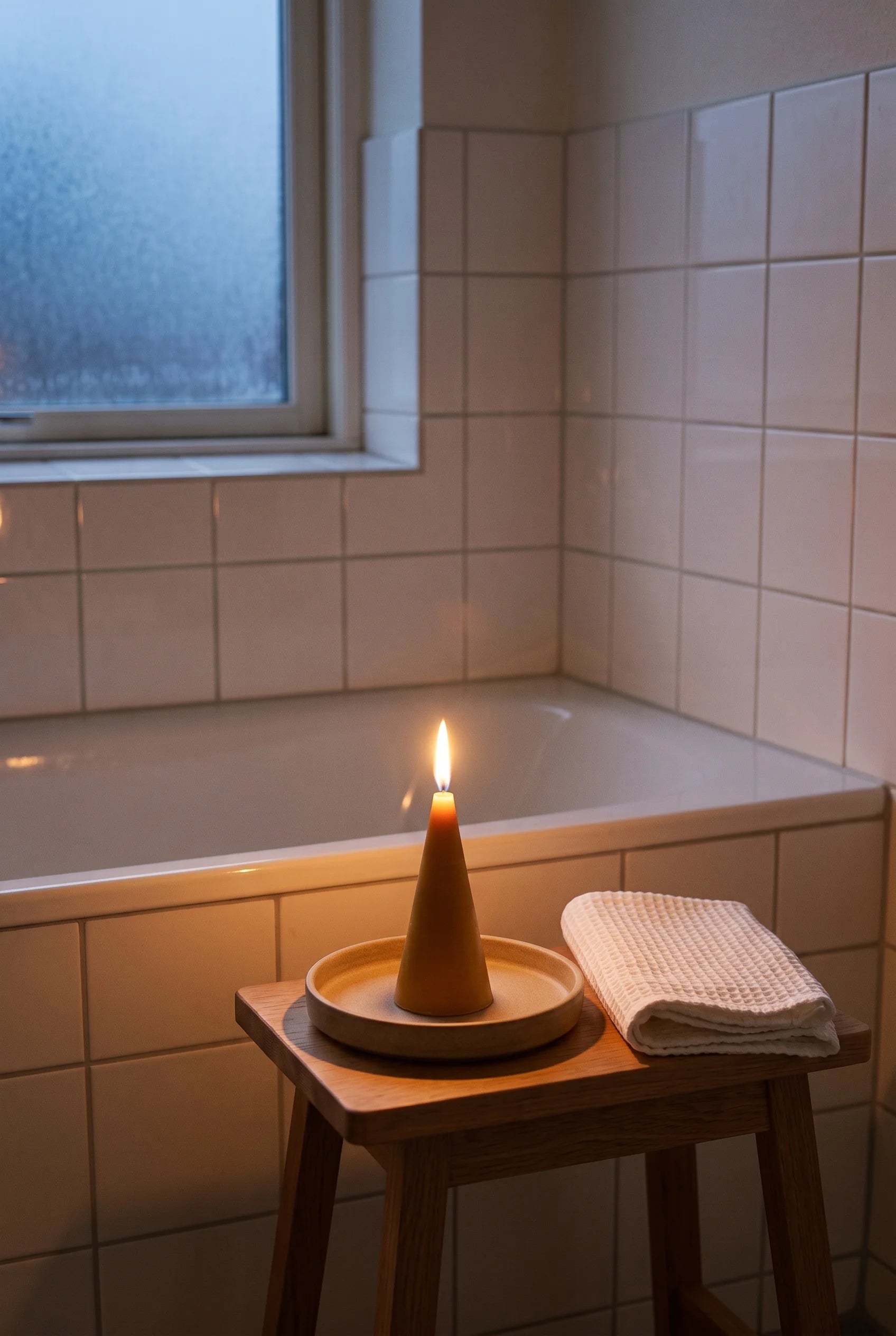 Et tændt Koglen keglelys på skamlen ved badekarret om aftenen — flammens skær fanger de hvide fliser, mens det matterede vindue holder den sidste blå skumring.