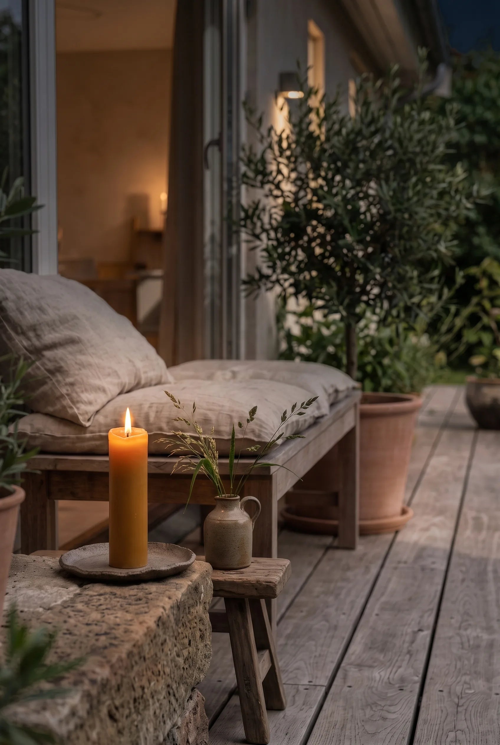 Det gyldne Stammen bloklys tændt på terrassen om aftenen, lun udendørs hygge