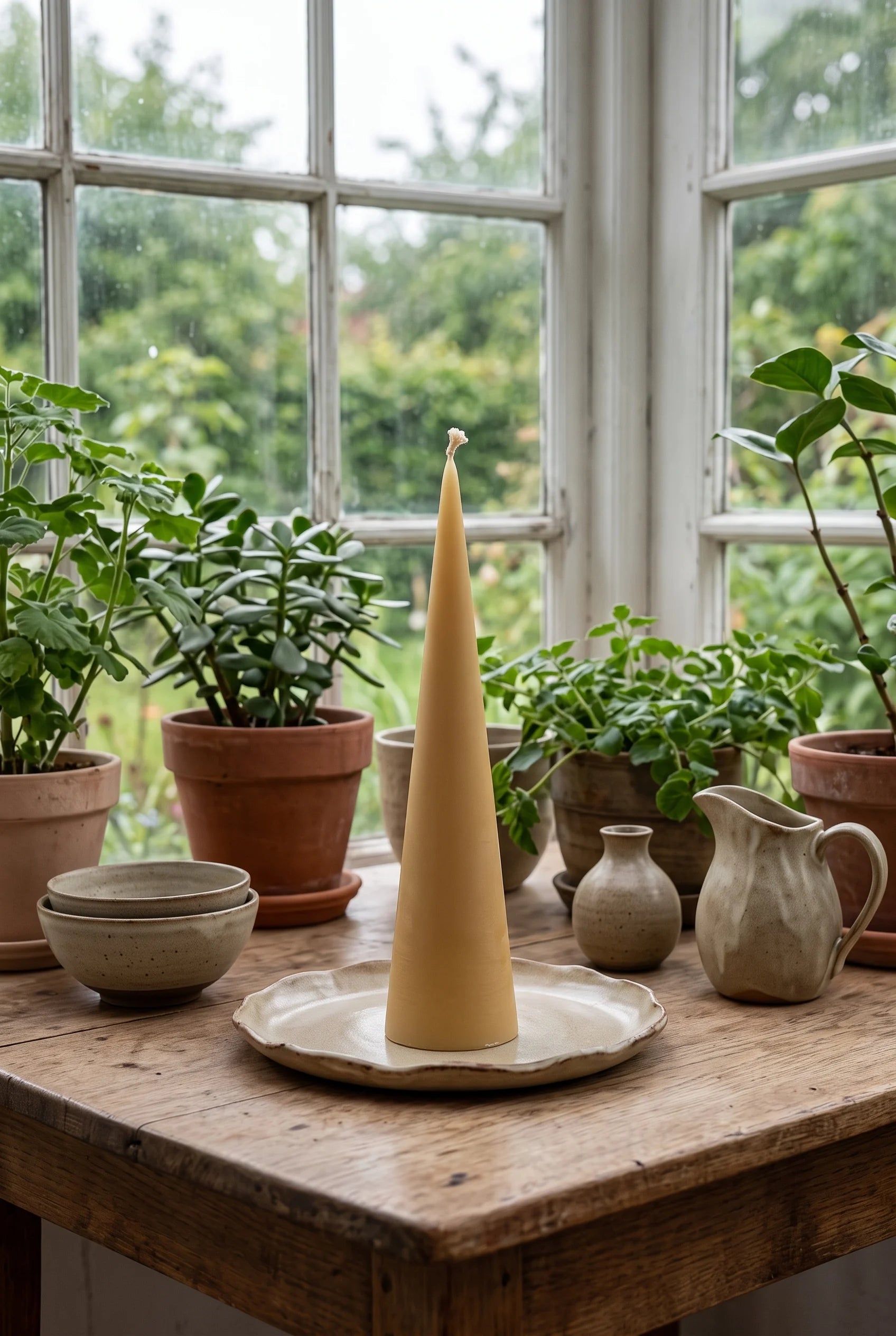Et gyldent keglelys på et lille keramikfad på bordet i en dansk vinterhave, omgivet af grønne planter i terrakotta og keramik i blødt diffust dagslys.