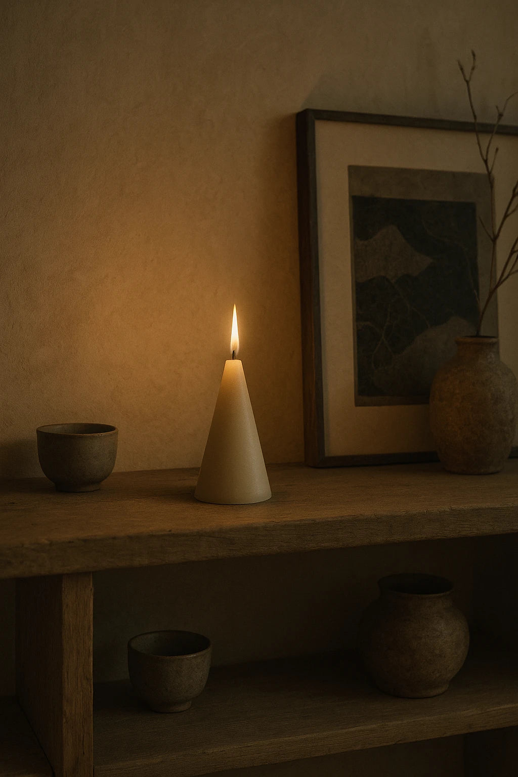 Koglen bivokslys fra Persillo på egetræshylde – håndstøbt i råhvid bivoks, 25 timers brændetid