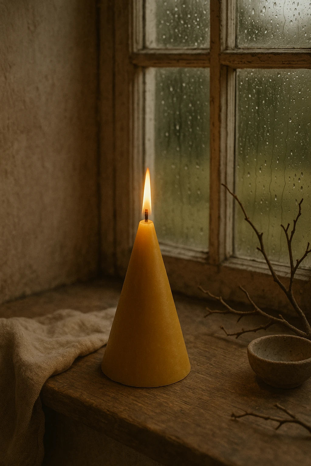 Koglen bivokslys fra Persillo i vindueskarm med regndråber – naturligt bivokslys i gylden farve, 25 timers brændetid