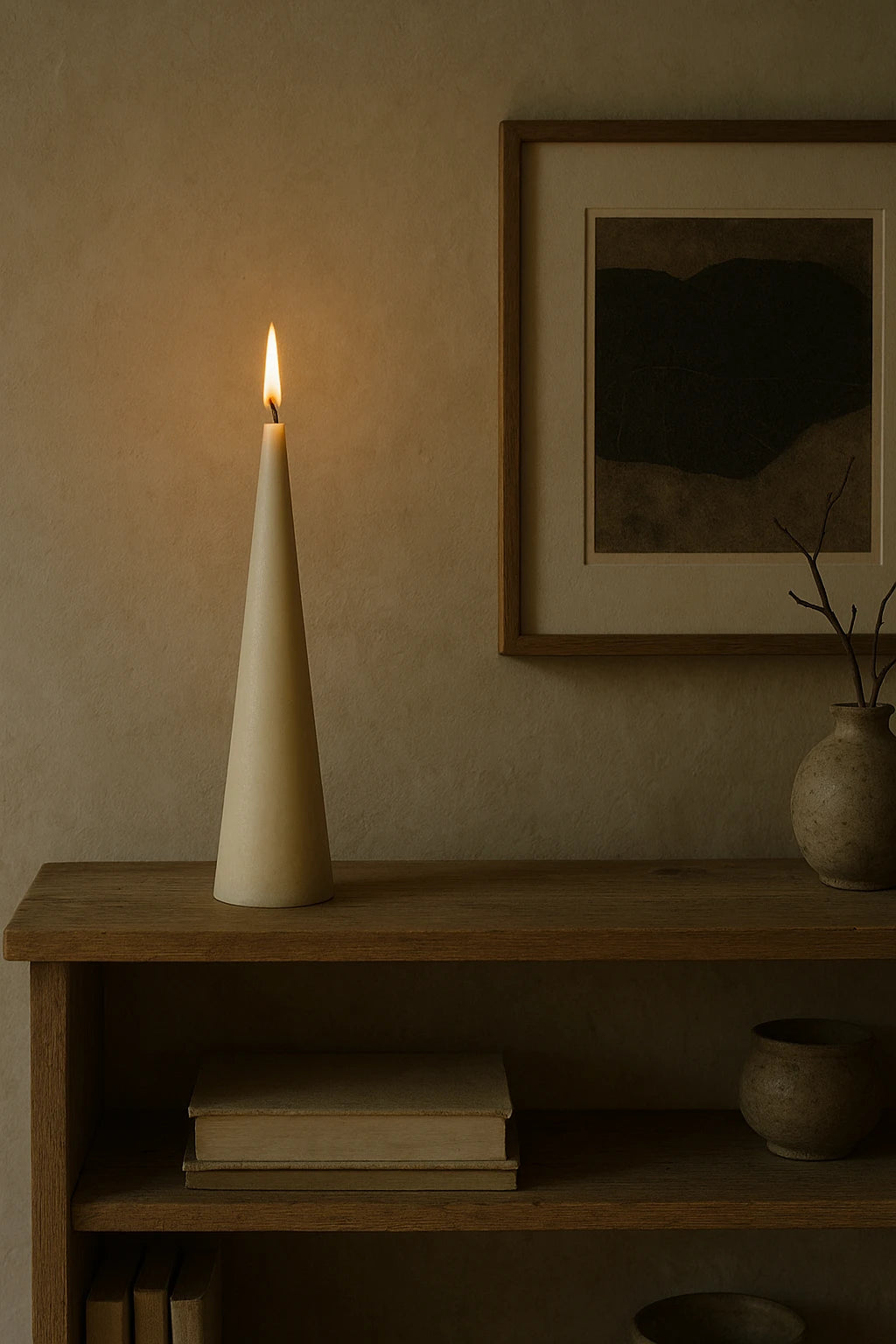 Grankoglen bivokslys i råhvid 100% bivoks fra Persillo, tændt på træreol med minimalistisk nordisk indretning.