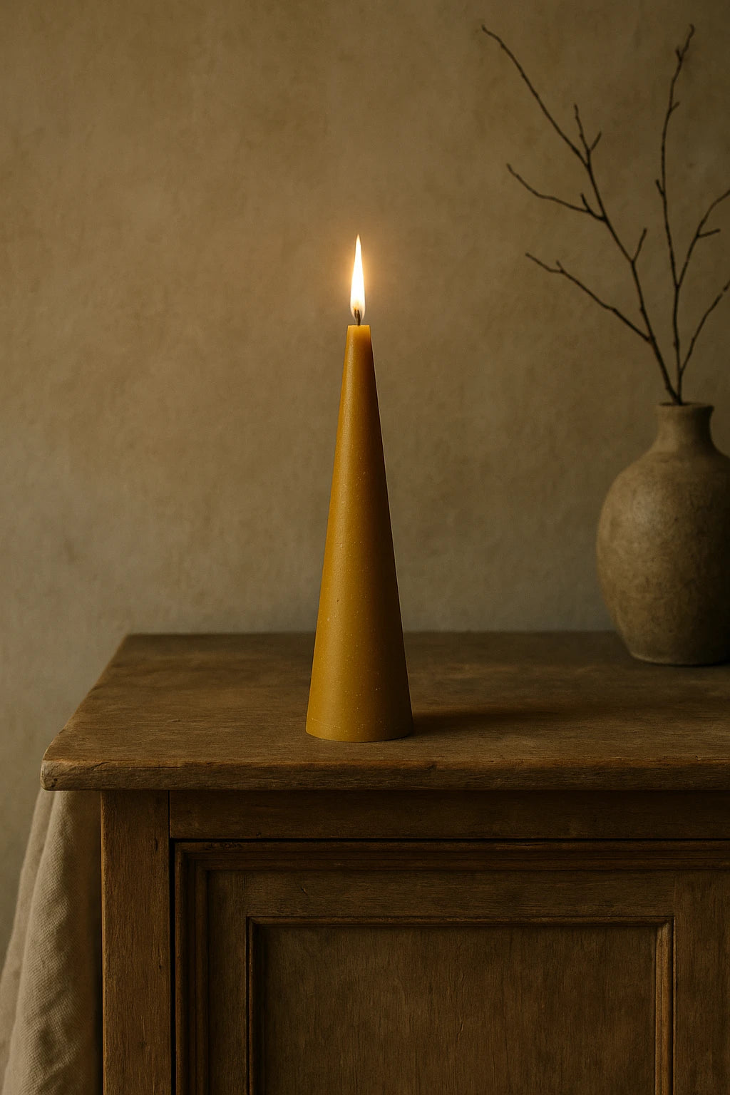 Persillo Grankoglen keglelys i gylden bivoks – minimalistisk wabi-sabi interiør med varmt skær og naturlig ro.
