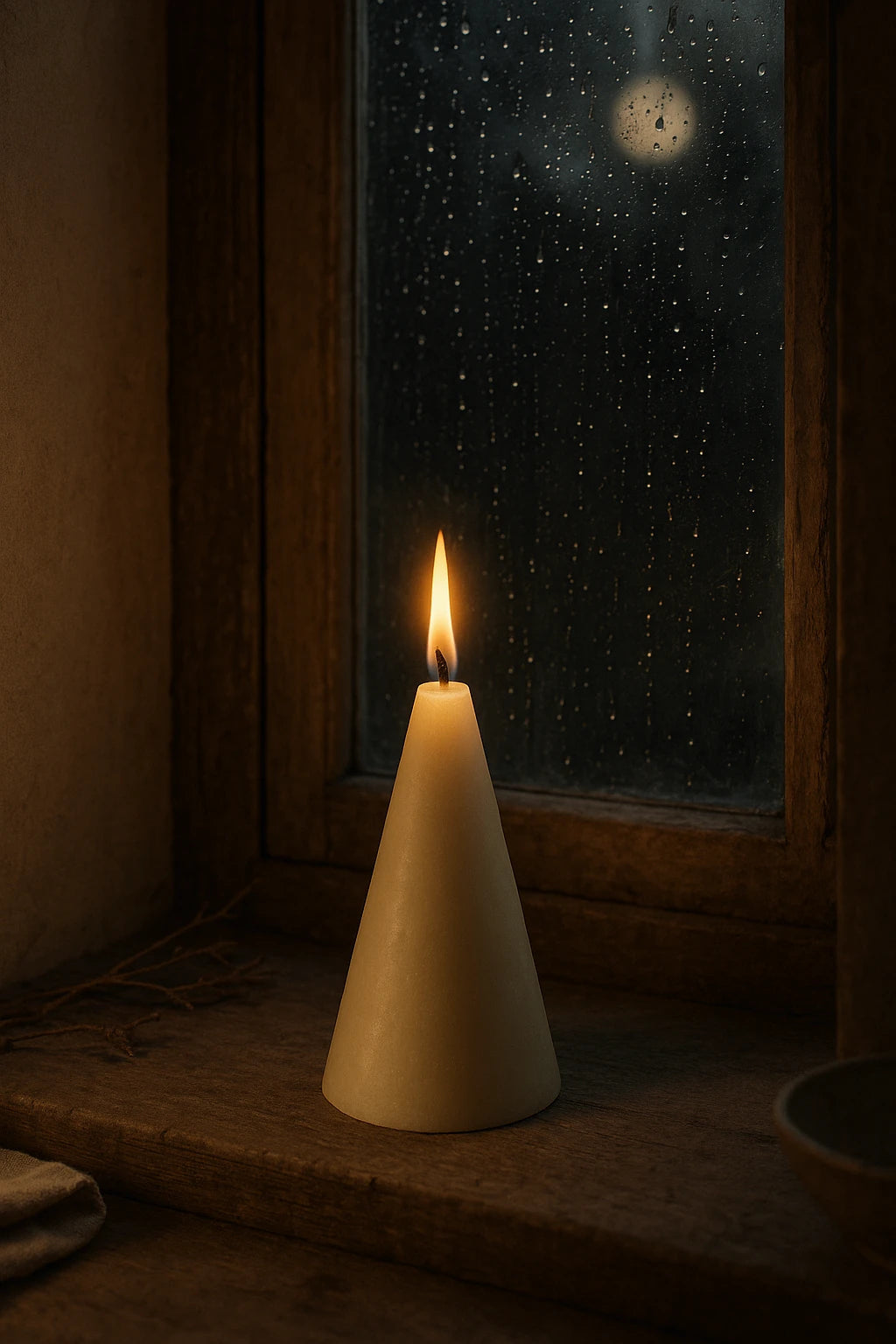 Brændende Koglen bivokslys i vindueskarm med regn og måneskin – 100% råhvid bivoks fra Persillo