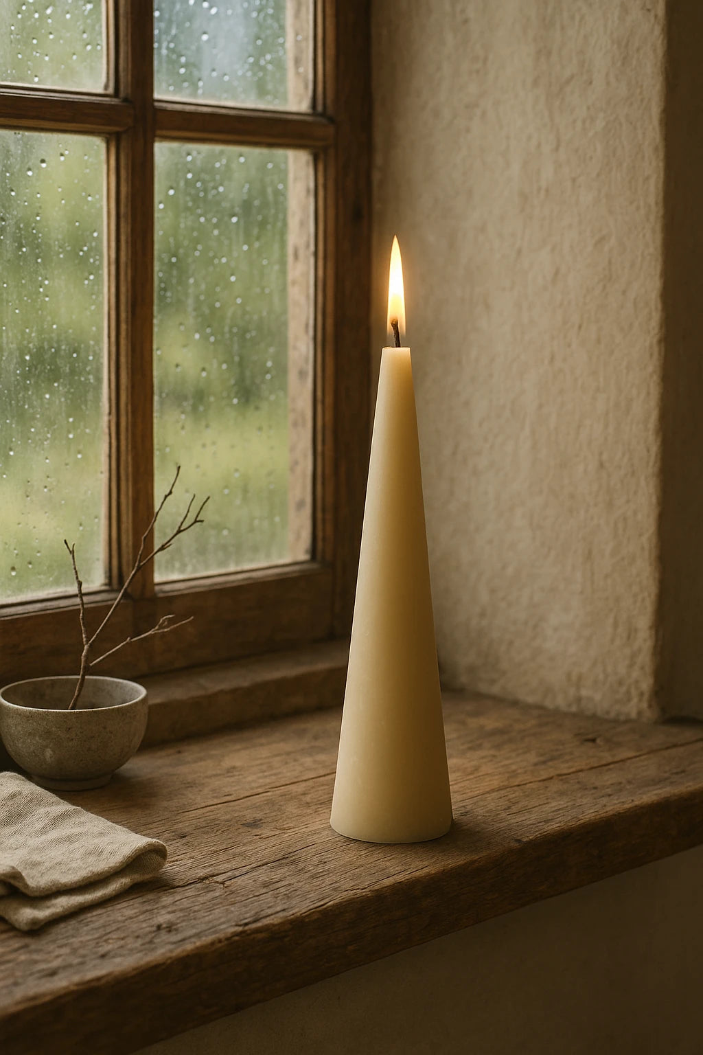 Råhvid Grankoglen bivokslys fra Persillo placeret i vindueskarm ved regnvådt vindue – naturligt lys og håndlavet kvalitet.