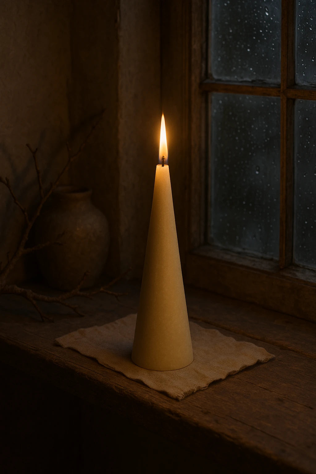 Tændt Grankoglen bivokslys i råhvid fra Persillo, skabt af 100% bivoks, stående ved vindue i dæmpet aftenlys.