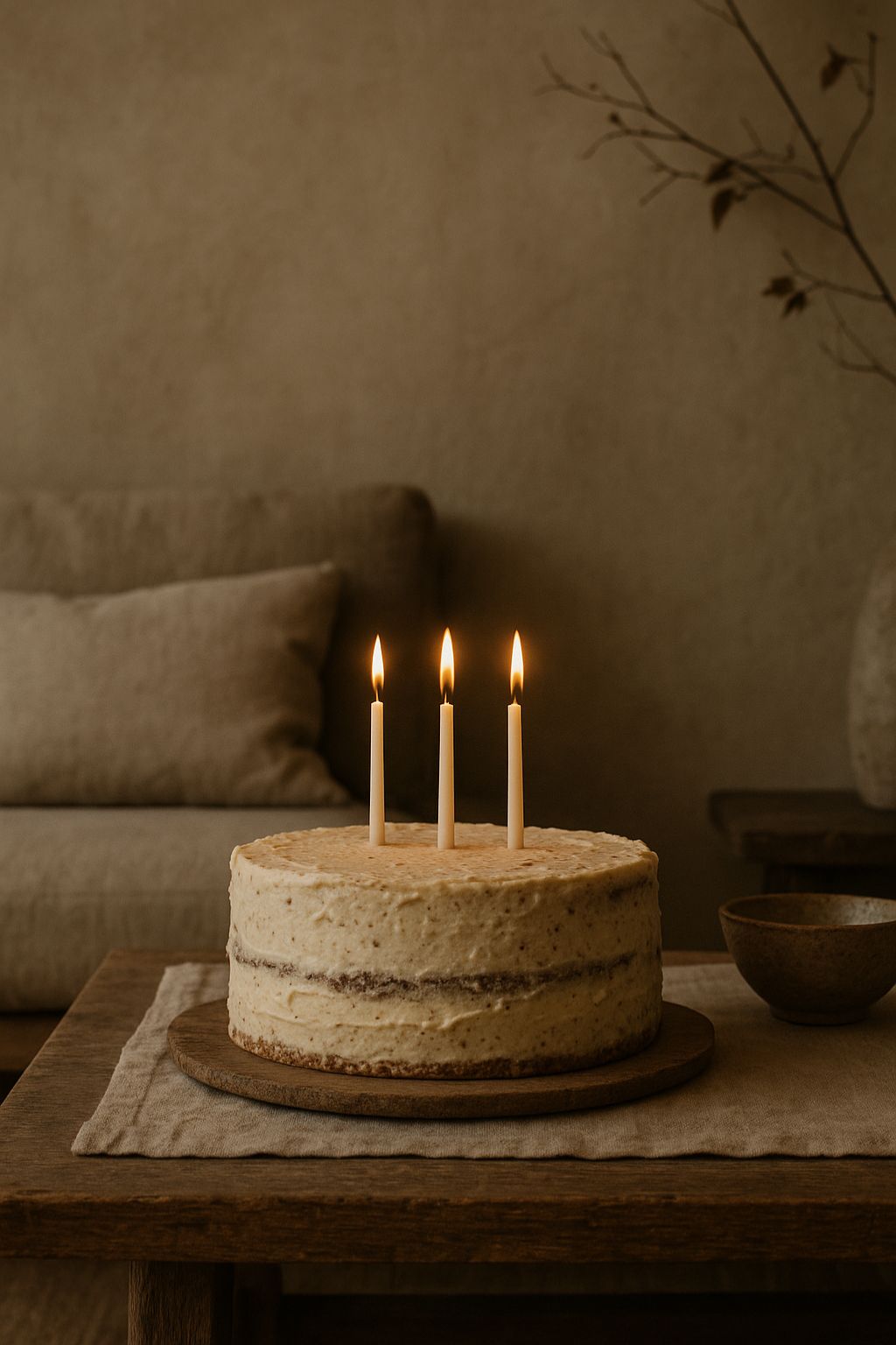 Lagkage med tre tændte hvide bivoks kagelys, placeret på et lavt bord foran en beige sofa, i dæmpet dagslys.
