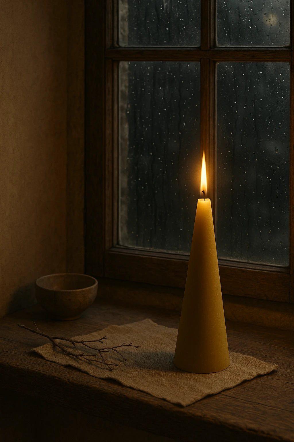 Grankoglen keglelys fra Persillo i 100% gylden bivoks tændt i vindue om aftenen – wabi-sabi stemning og roligt lys.