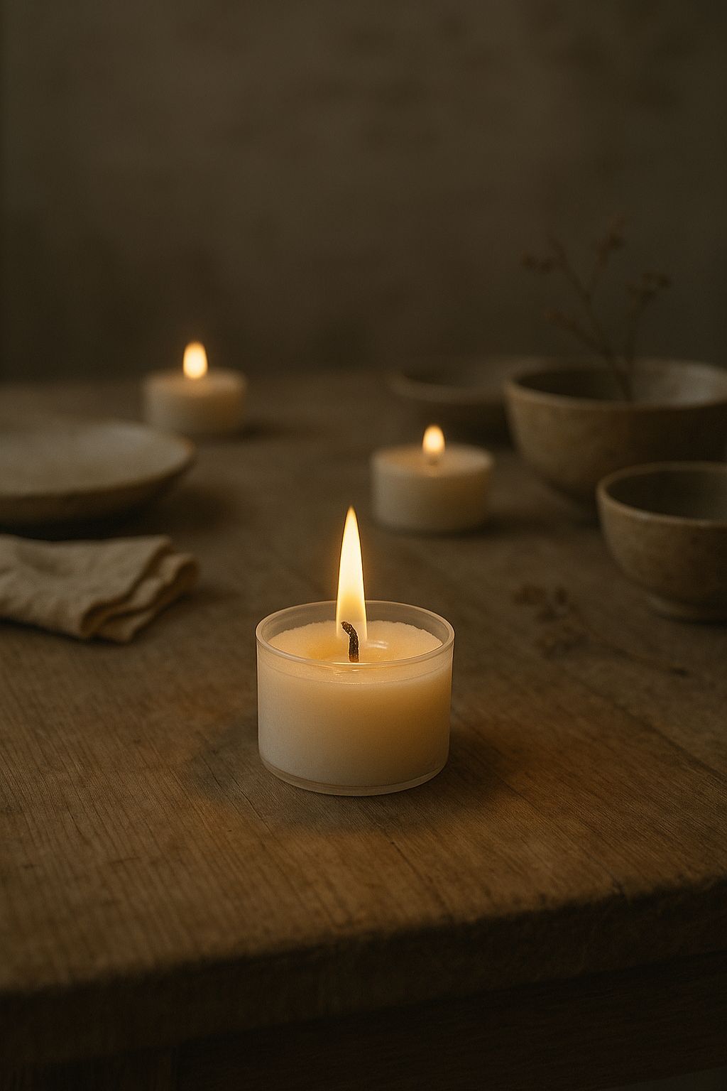 Stemningsfuld borddækning med flere hvide bivoks fyrfadslys – naturlige lys til hygge og middagsselskab