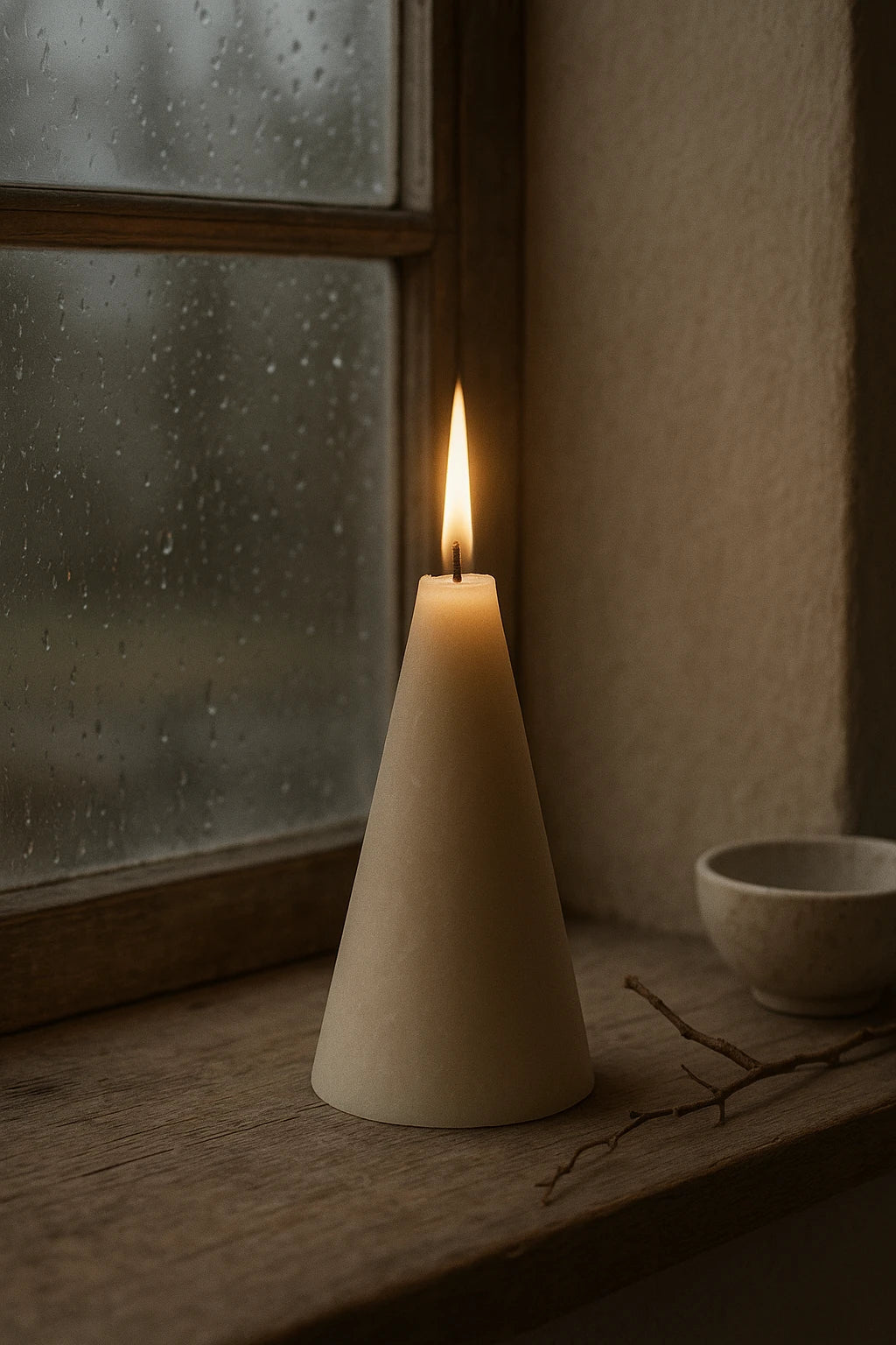 Råhvidt Koglen bivokslys i vindueskarm med regndråber – naturligt bivokslys fra Persillo, 25 timers brændetid