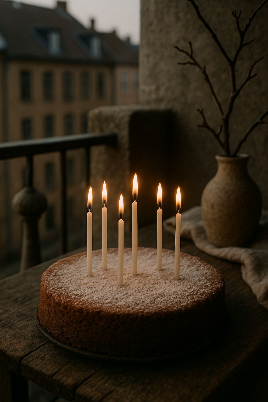 Stor, flad kage med seks hvide bivoks kagelys tændt, drysset med flormelis, stående på en altan med byudsigt.