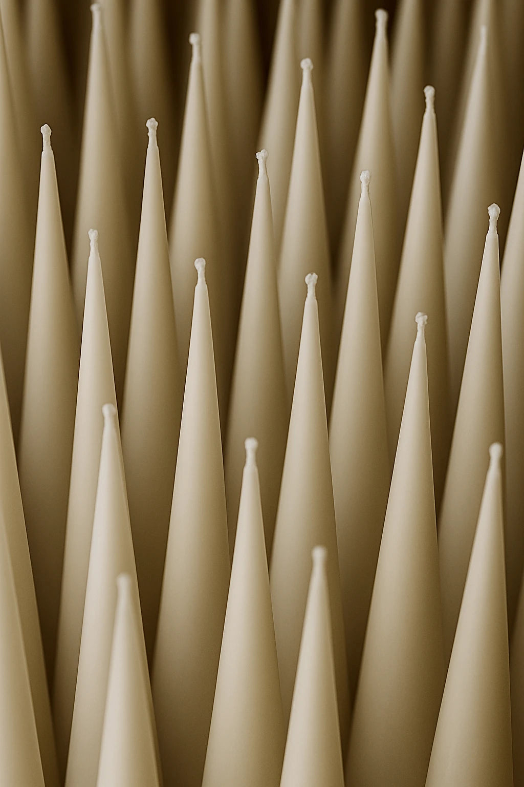 Flere råhvide Grankoglen bivokslys fra Persillo, håndlavet i 100% bivoks – tæt komposition med fokus på struktur og form.