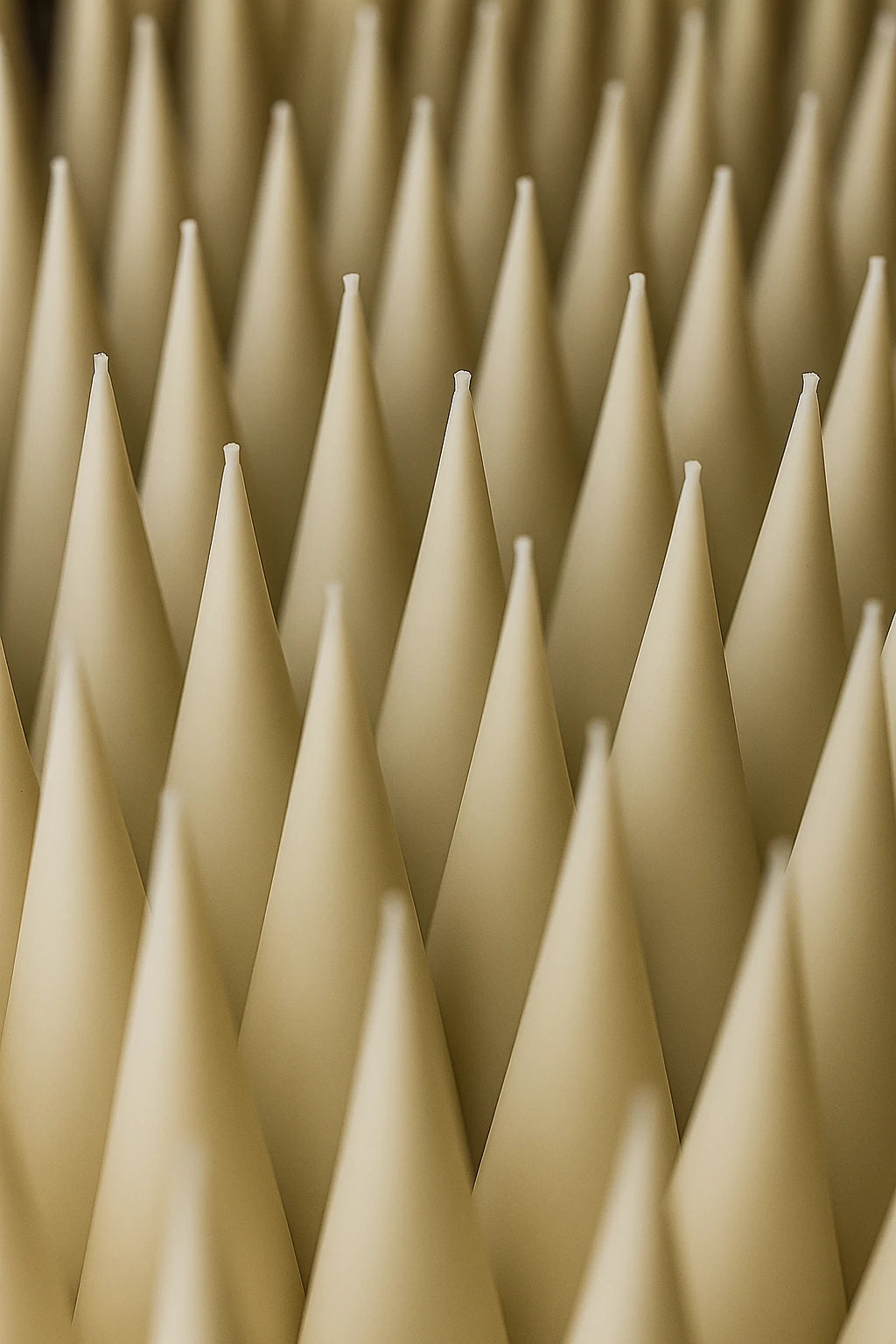 Produktion af Koglen bivokslys – række af håndstøbte råhvide bivokslys fra Persillo