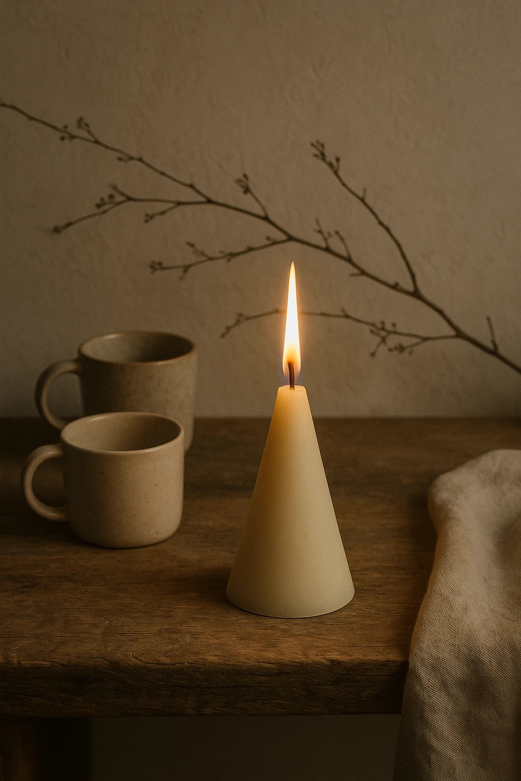 Brændende Koglen bivokslys på træbord med keramikkopper – 100% naturlig råhvid bivoks fra Persillo