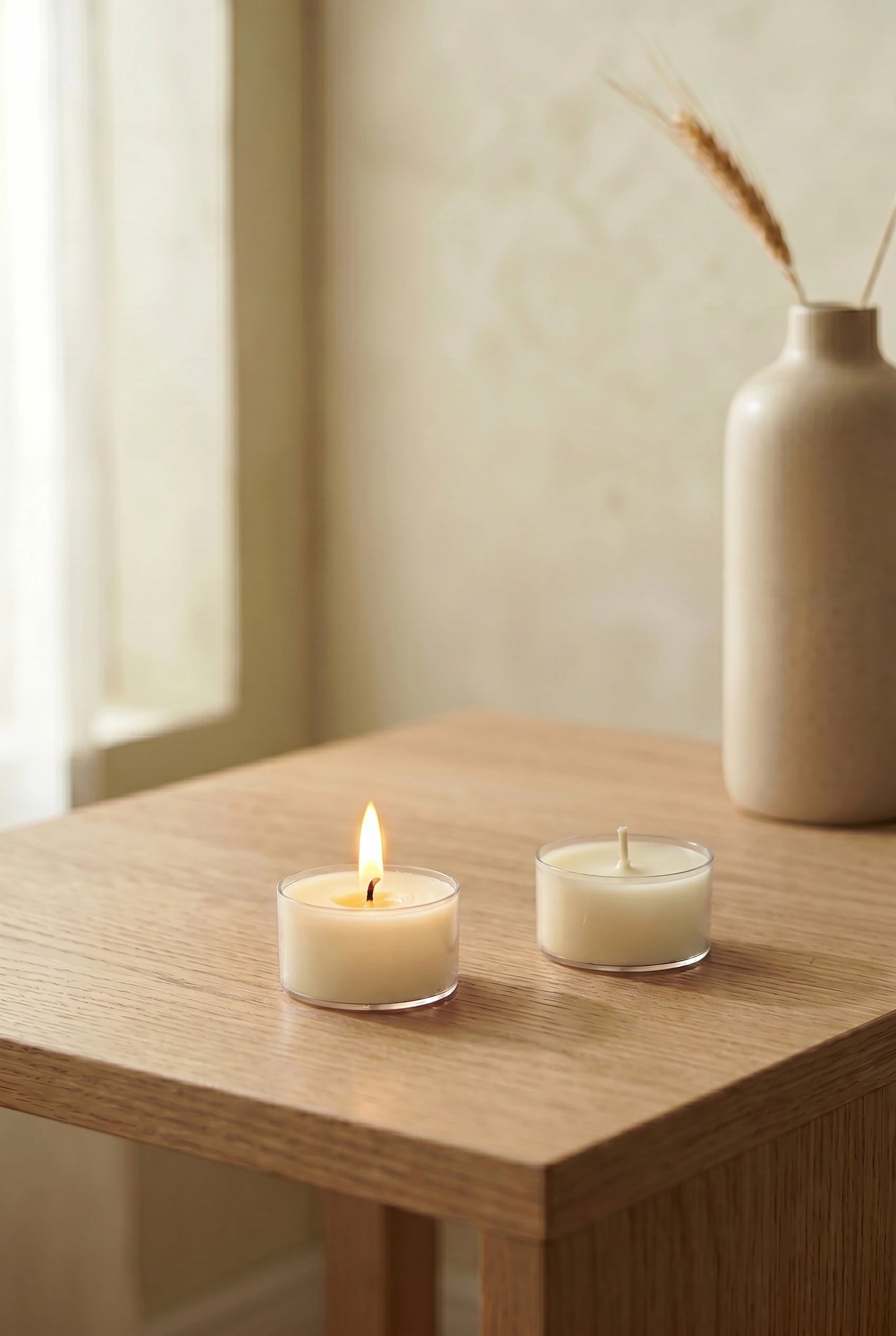 Persillo Knoppen Råhvid fyrfadslys på moderne scandinavisk spisebord i dagslys