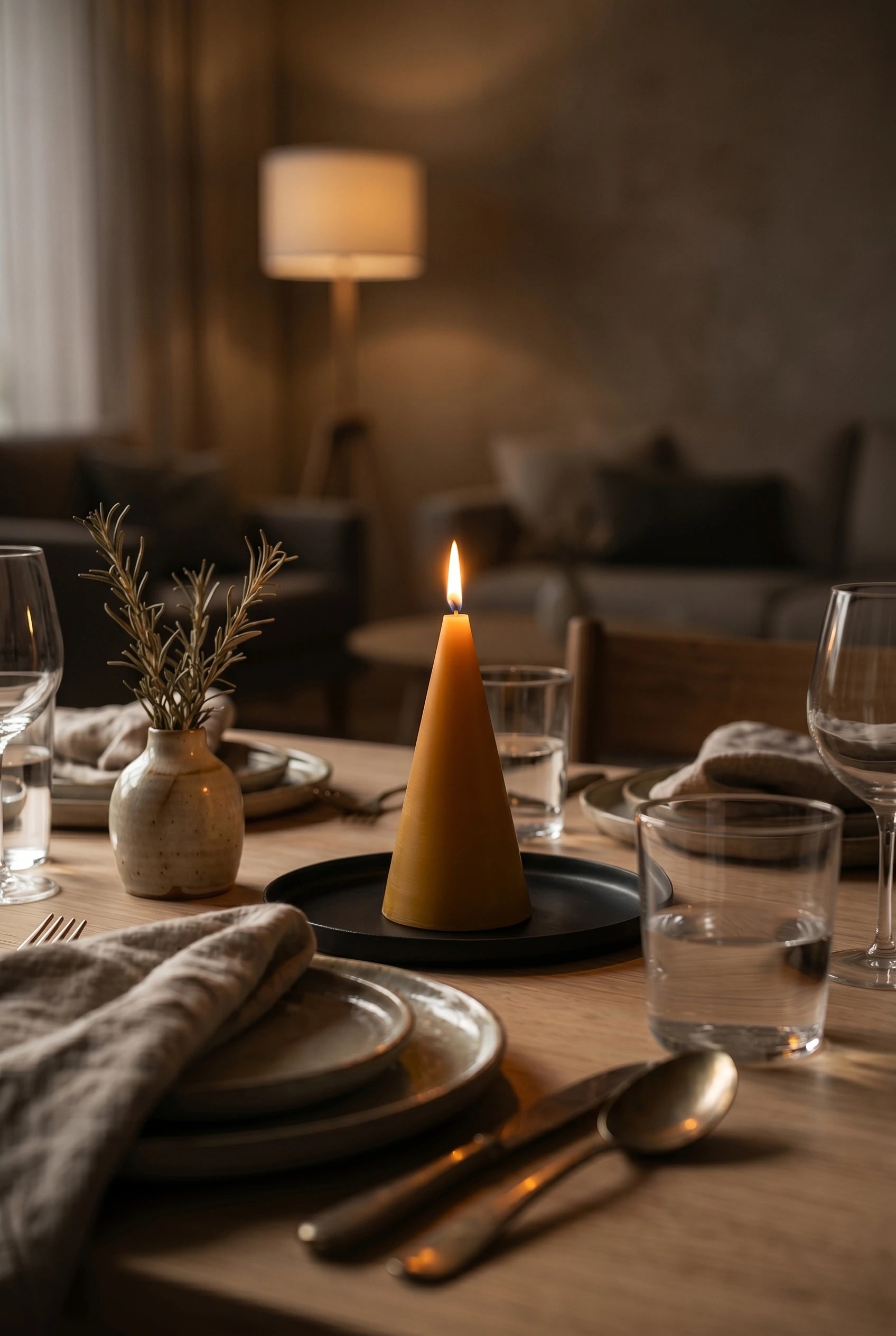 Persillo Koglen Gylden bivokslys som centerpiece på scandi middagsbord i tusmørke